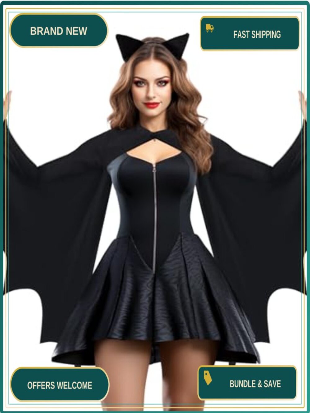Bat Wings Costume Shrug with Ears Headband Polyester Halloween Women